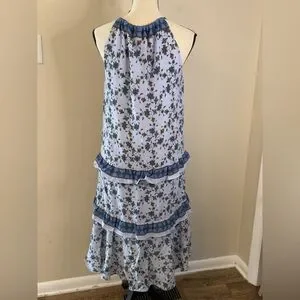 Max Studio | Dresses | Max Studio Floral Halter Tiered Ruffled Maxi Dress  Light Blue Orange Navy Sz Sm | Poshmark